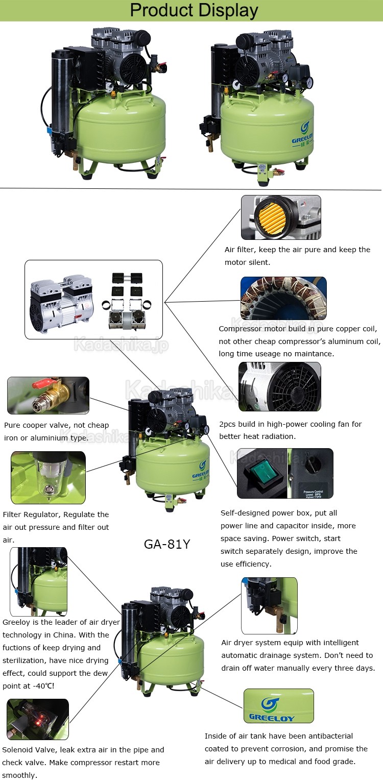 Greeloy® GA-81Y 静音歯科オイルレス エアコンプレッサー 1馬力 40L ドライヤー付き